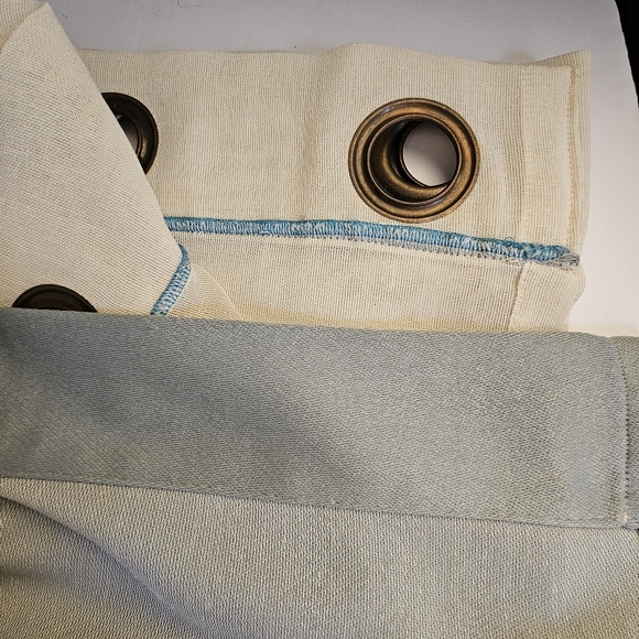 Two tan teal white cream striped 8 bronze grommet short drapes 50x67" - Picture 6 of 8